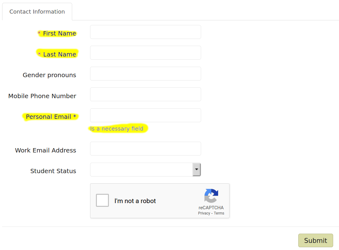 Screen shot of Sign-Up page with First Name, Last Name, and Personal Email highlighted in yellow: https://rukovoditel.cupe.ca/index.php?module=ext/public/form&id=4
