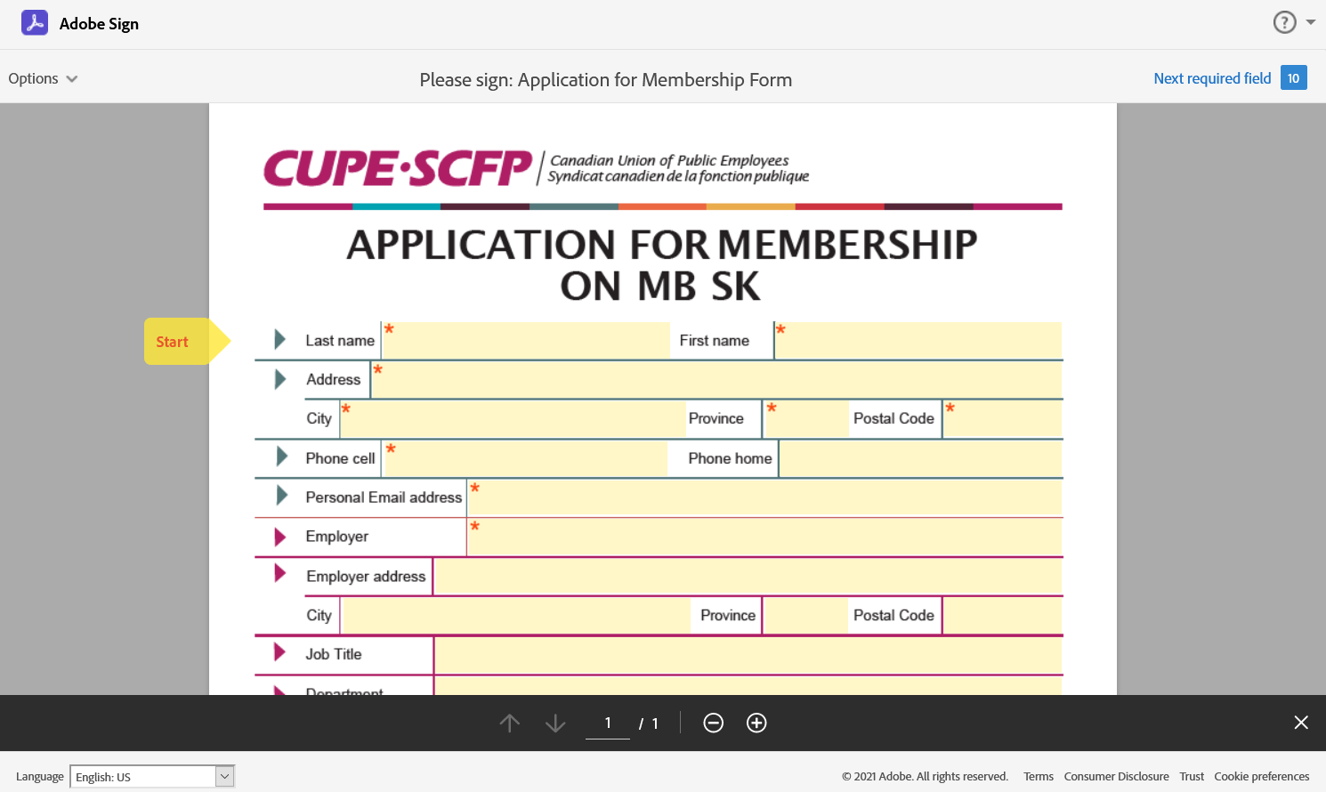 Example of blank PDF union card ready to be filled out in browser using Adobe Sign.