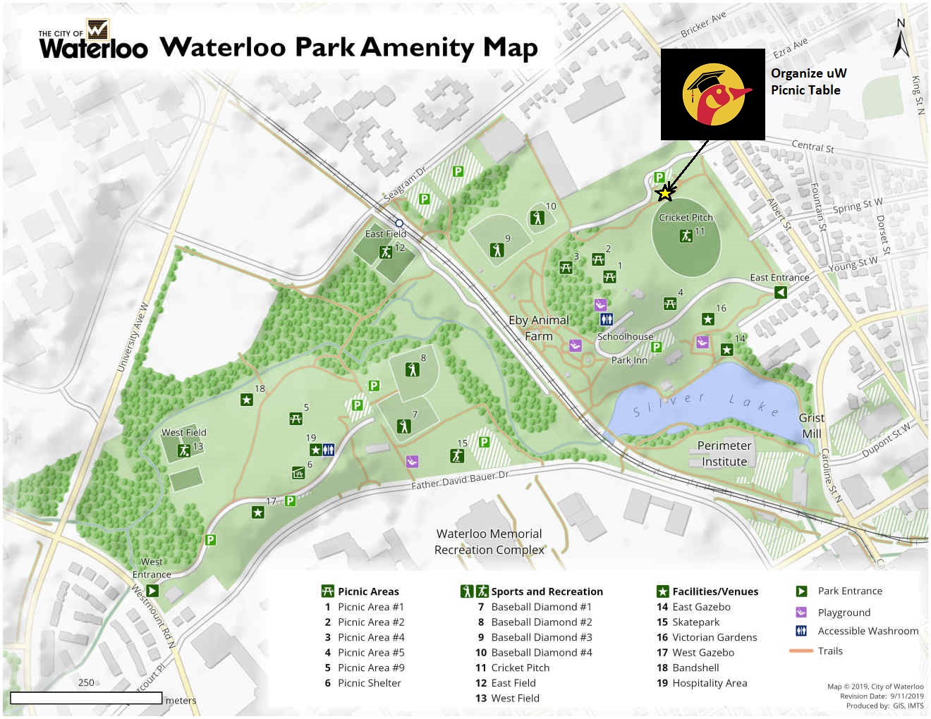 Map of Waterloo park, with arrow pointing to area just north of cricket pitch in the northeast of the park, near a small parking lot. The closest intersection to the entrance is Albert and Central streets.