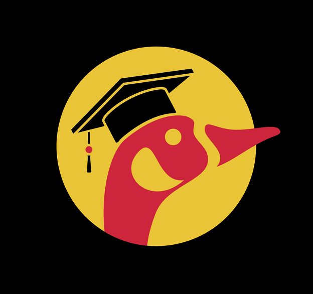 OrganizeUW “Gizmo the Goose” logo, stylized silhouette of a Canada goose wearing a black graduate cap, on a yellow circle, black background