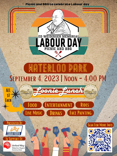 Drawing of raised hands holding various tools, including a spatula.  Text reading 'Ed Weidinger Memorial Labour Day Picnic and BBQ. Loonie Lunch - food, entertainment, rides, live music, drinks, face painting, all $1 each.  Presented by Waterloo Region Labour Council, in support of United Way.'