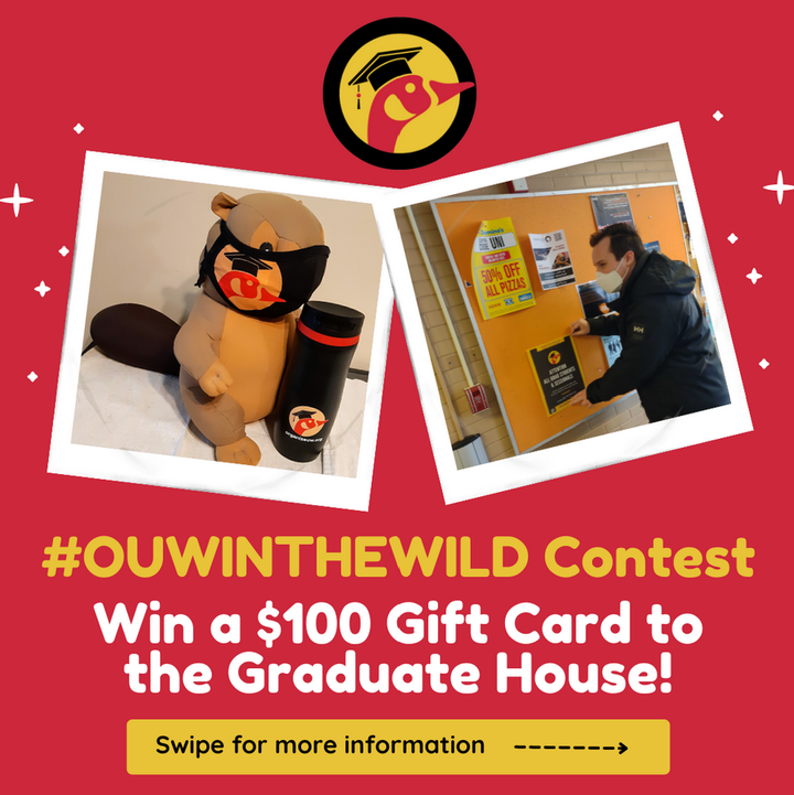 Red background with white stars. Yellow text says #OUWINTHEWILD CONTEST. White text says Win a $100 Gift Card to the Graduate House. Black text says Swipe for more information. There are two photos one of a beaver with an OUW face mask and thermos and one with a person in a black jacket putting up an OUW poster on campus.